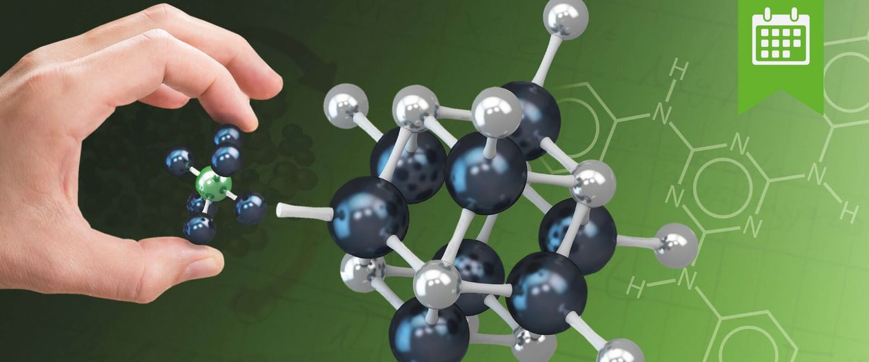 Werkstofftag Eine Hand greift nach einem Molekül vor einem grünem Hintergrund.