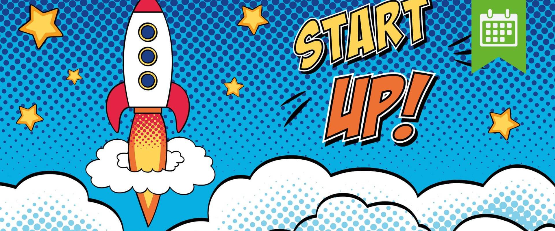 Comic-Rakete fliegt mit den Worten "Start up!" durch den Himmel.