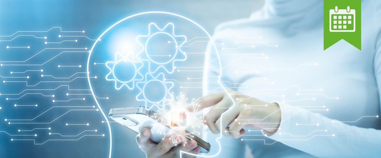 IID Assistenzsysteme Frau berührt das Display eines Smartphones, vom Berührungspunkt erscheint ein digitales Gehirn