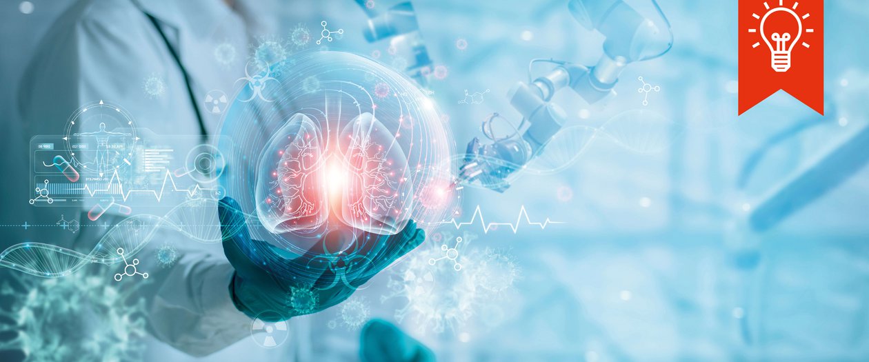 AMR Konferenz Person im Laborkittel hält eine digitale Lunge in der Hand