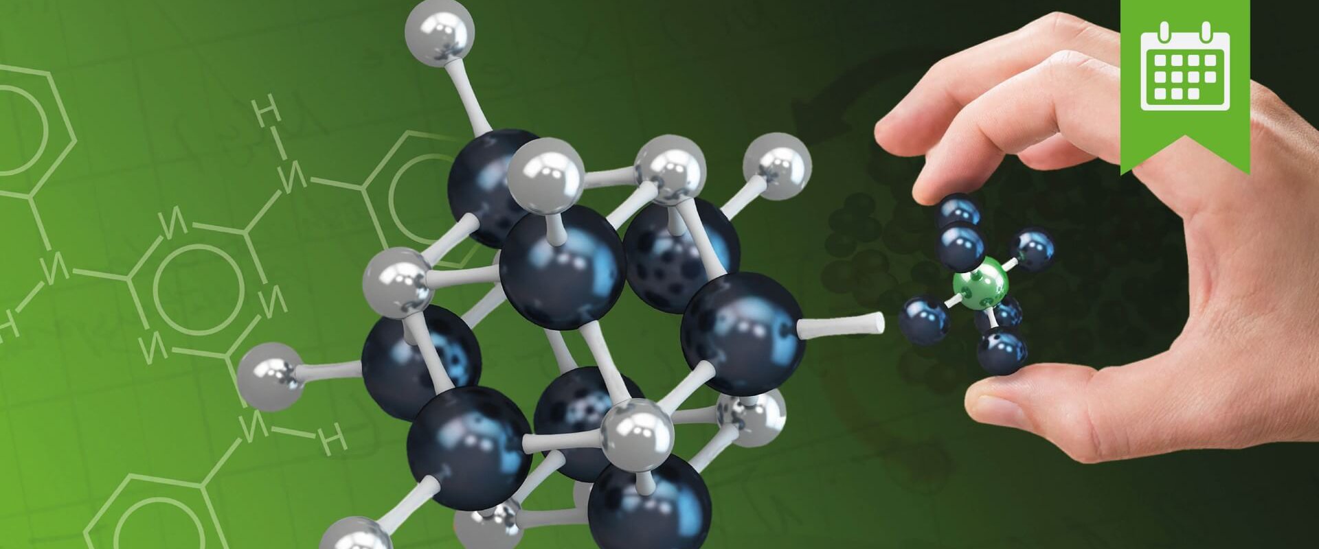 Werkstofftag Eine Hand greift nach einem Molekül vor einem grünem Hintergrund.