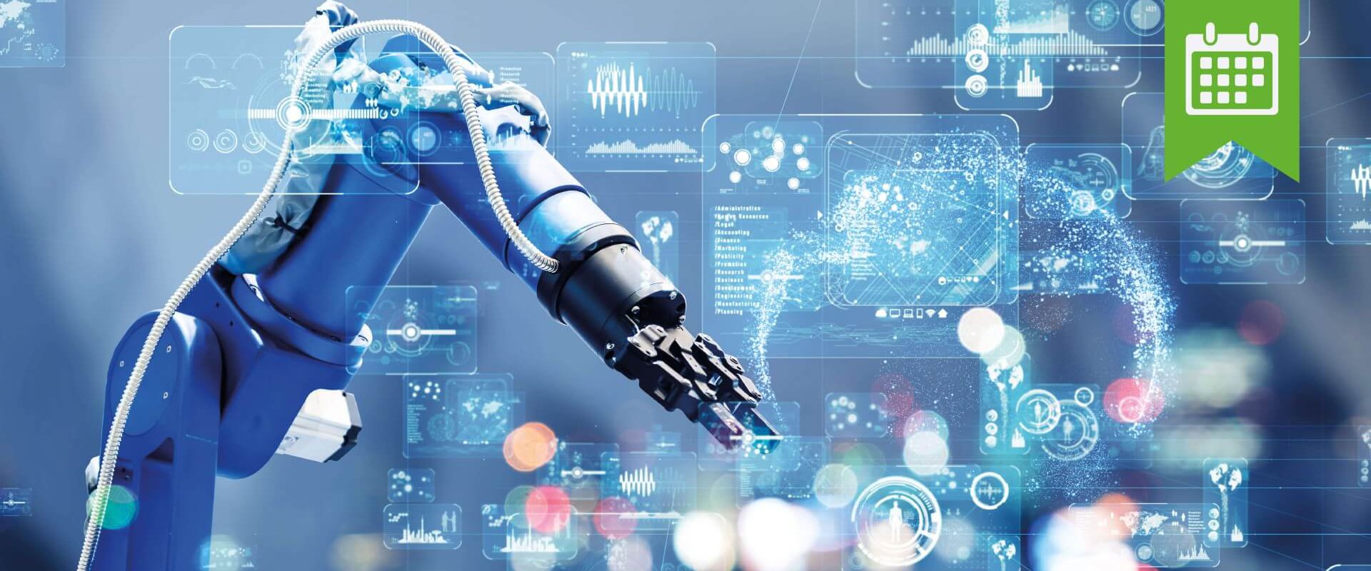Ein Roboterarm mit digitalem holografischem Interface.
