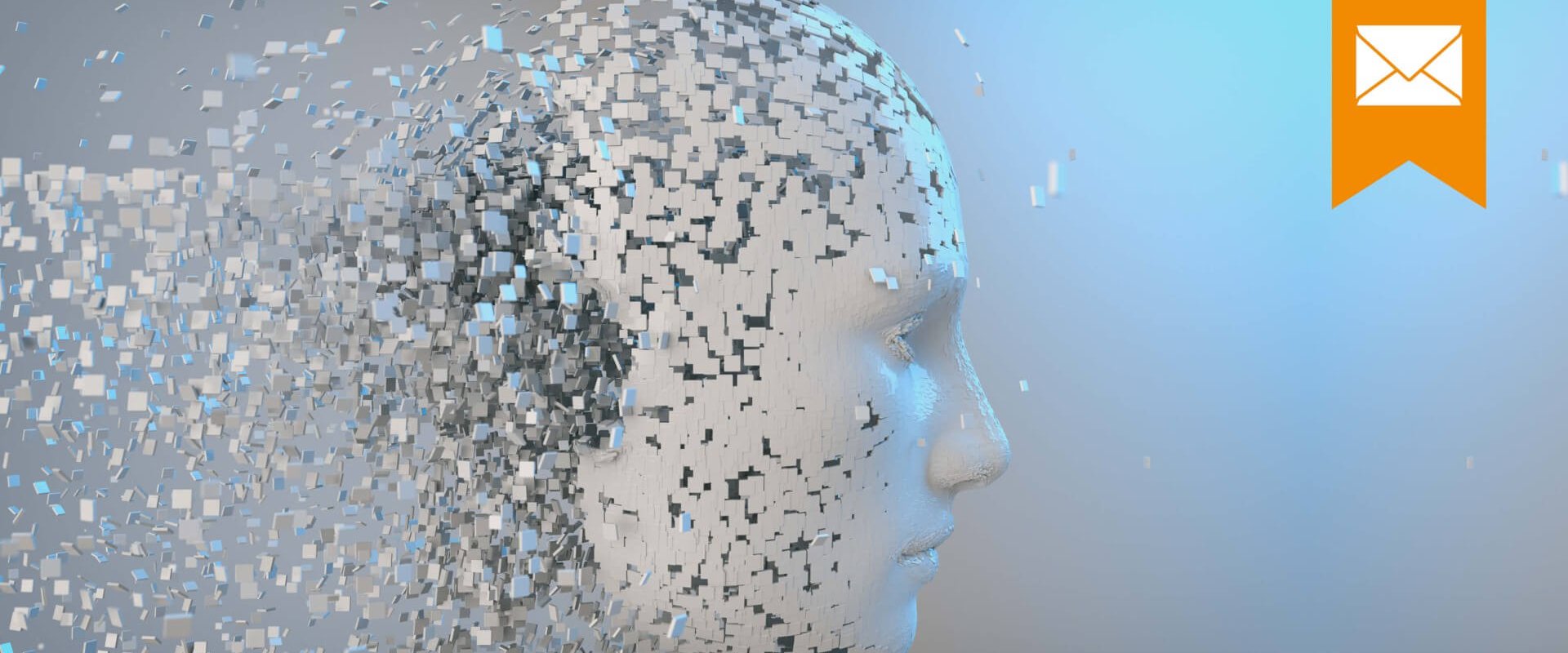 KI Landkarte Gesicht setzt sich aus vielen kleinen weißen Quadern zusammen