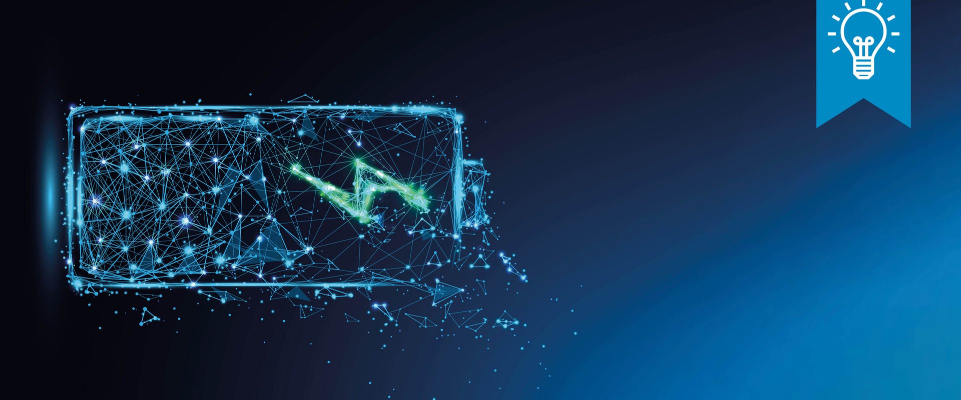 Batterie Grafik einer Batterie aus vielen miteinander verbundenen Datenpunkten auf einem schwarz blauem Hintergrund
