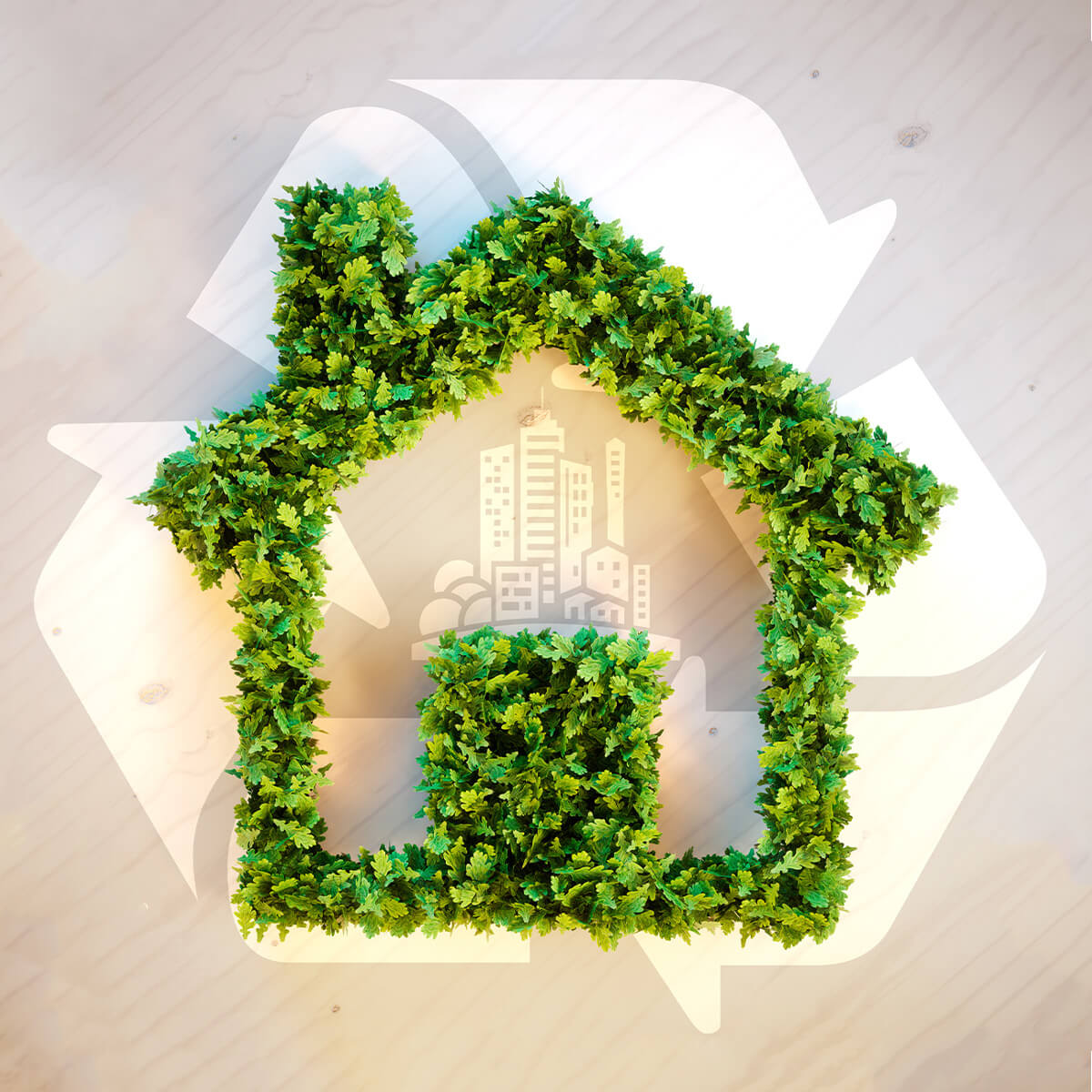 Grafik mit einem Haus aus grünen Blättern und im Hintergrund Symbole einer Stadt und Recycling