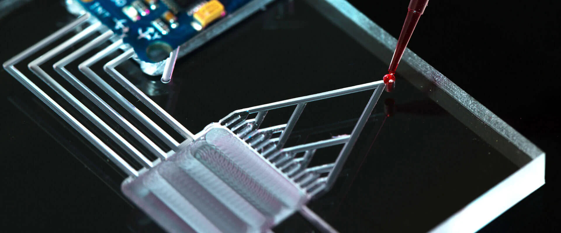 Bildbeschreibung / description: Glasplatte mit Gravuren in Form eines Baumdiagramms, eine rote Flüssigkeit wird auf den Startpunkt des Diagramms gegeben