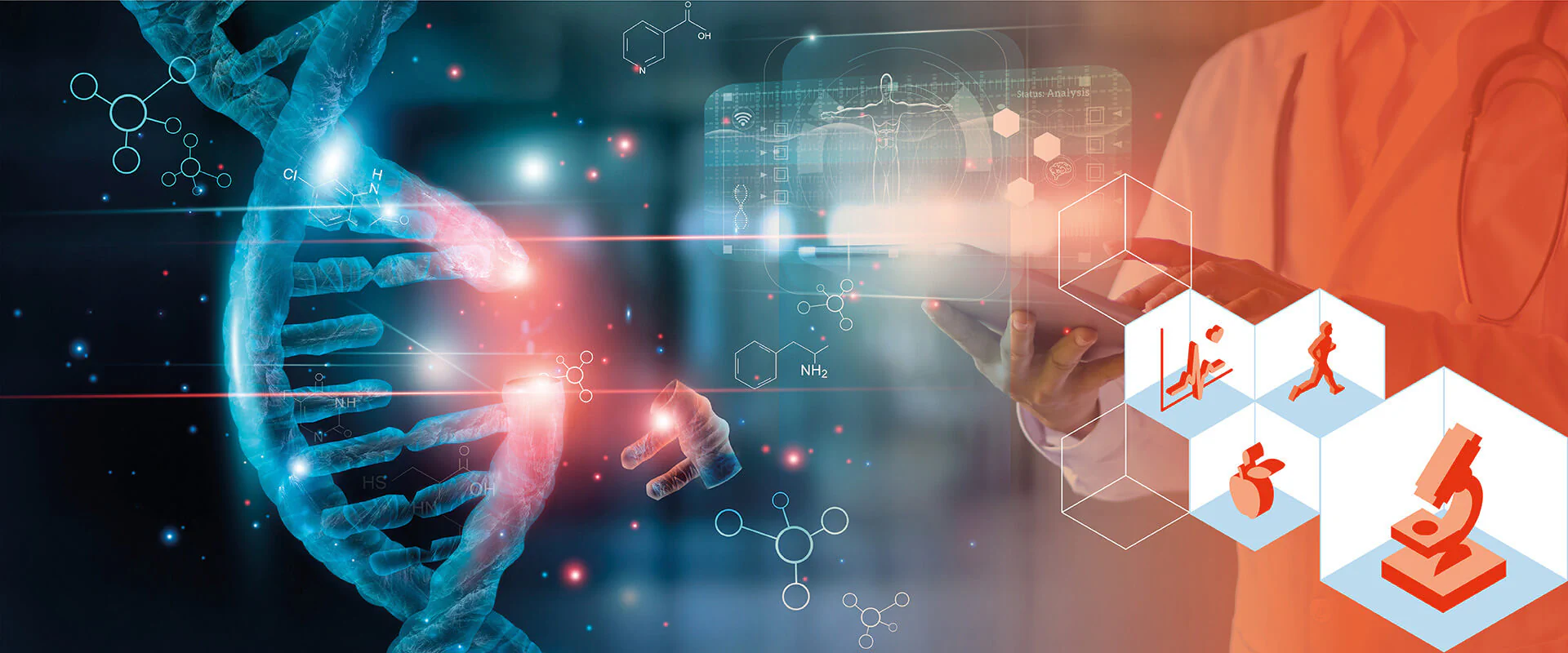 Bildbeschreibung / description: Rechts ein Mann im Laborkittel hält ein Tablet und Links ist ein DNA-Strang zu sehen.