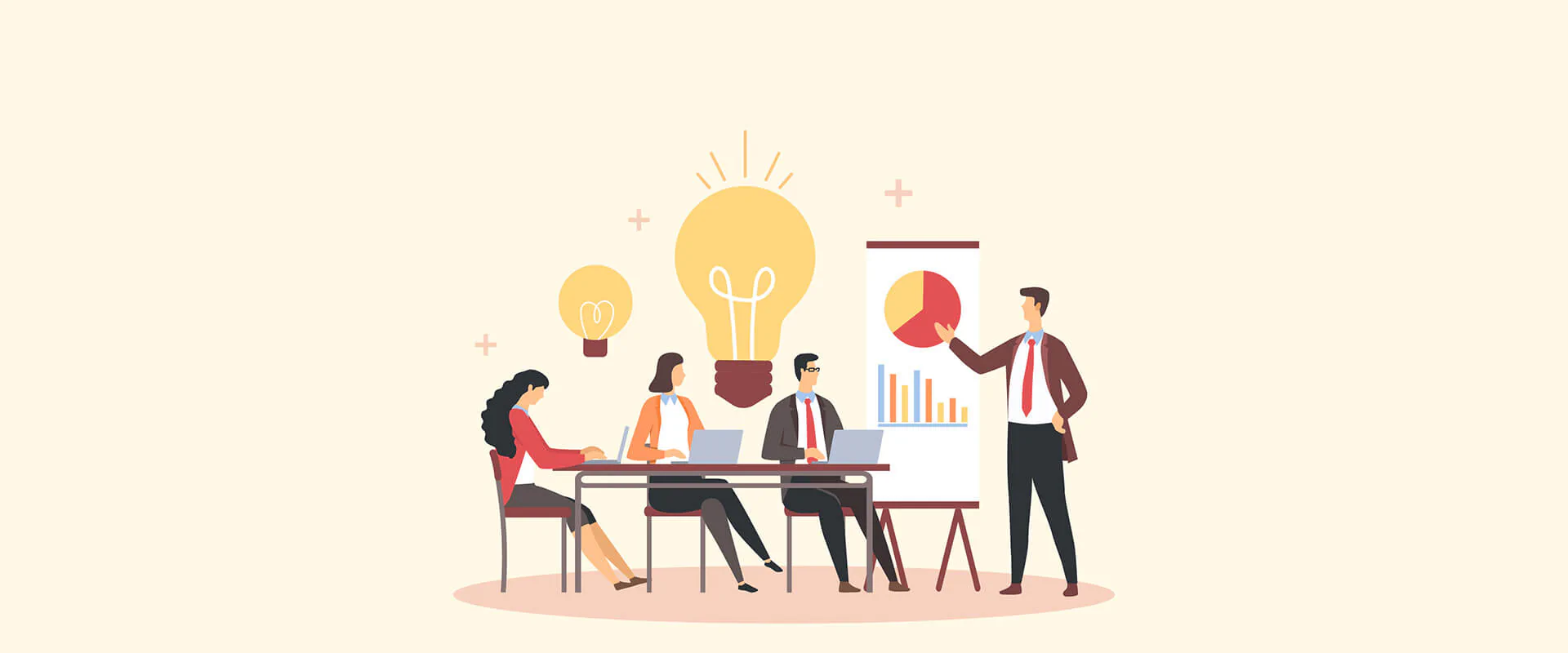 Innovationsunterstützung Bildbeschreibung / description: Vektorgrafik, Gruppe von Geschäftsleuten in einem Besprechungsraum mit einer Glühbirne