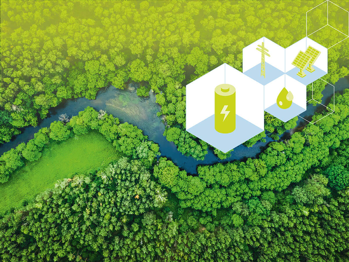 Nachhaltige Energie und Ressourcenverwendung Bildbeschreibung / description: Luftbild eines mäandernden Flusses im Wald