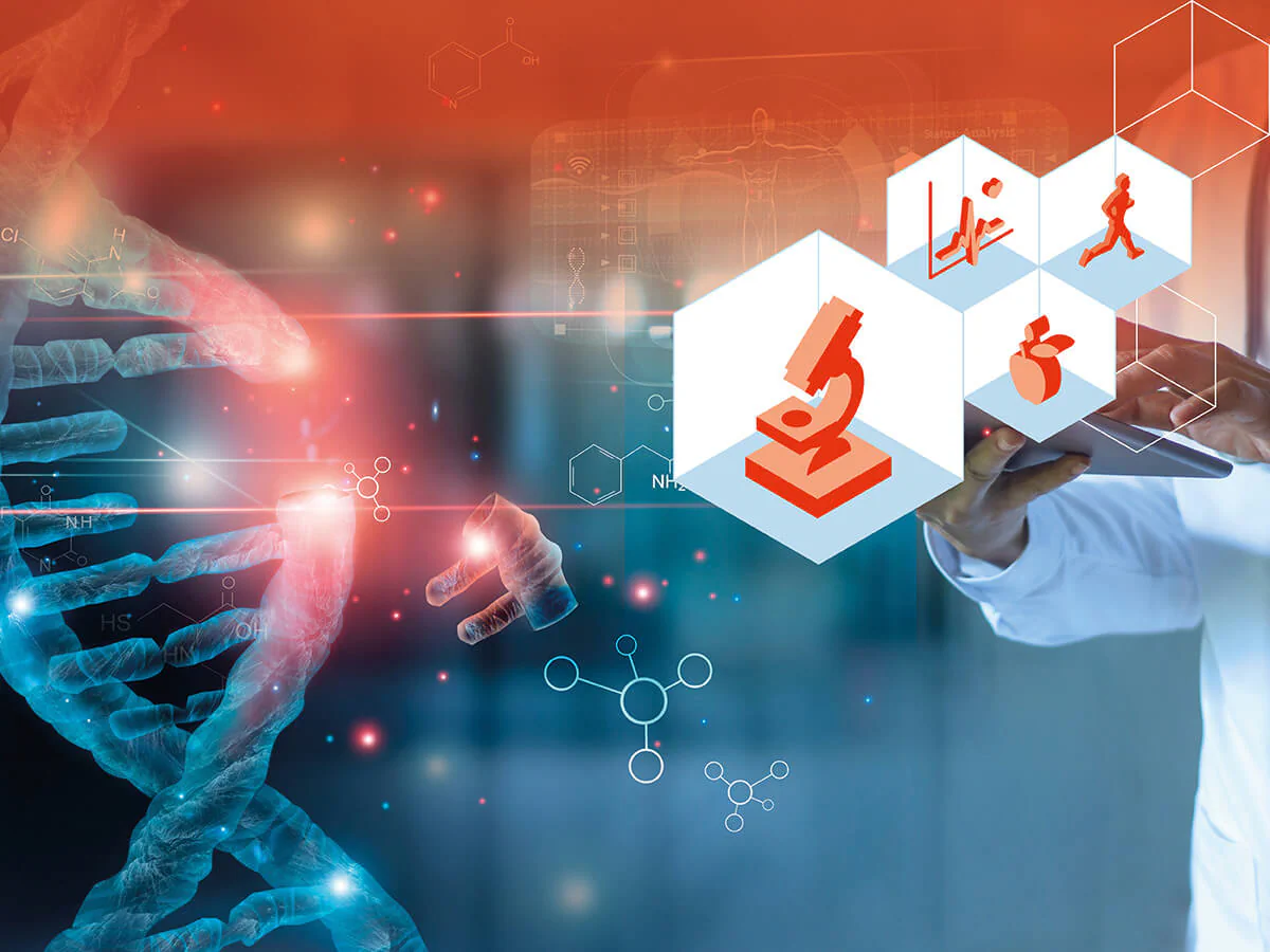 Gesundes Leben und Gesundheitswirtschaft Bildbeschreibung / description: Rechts ein Mann im Laborkittel hält ein Tablet und Links ist ein DNA-Strang zu sehen.