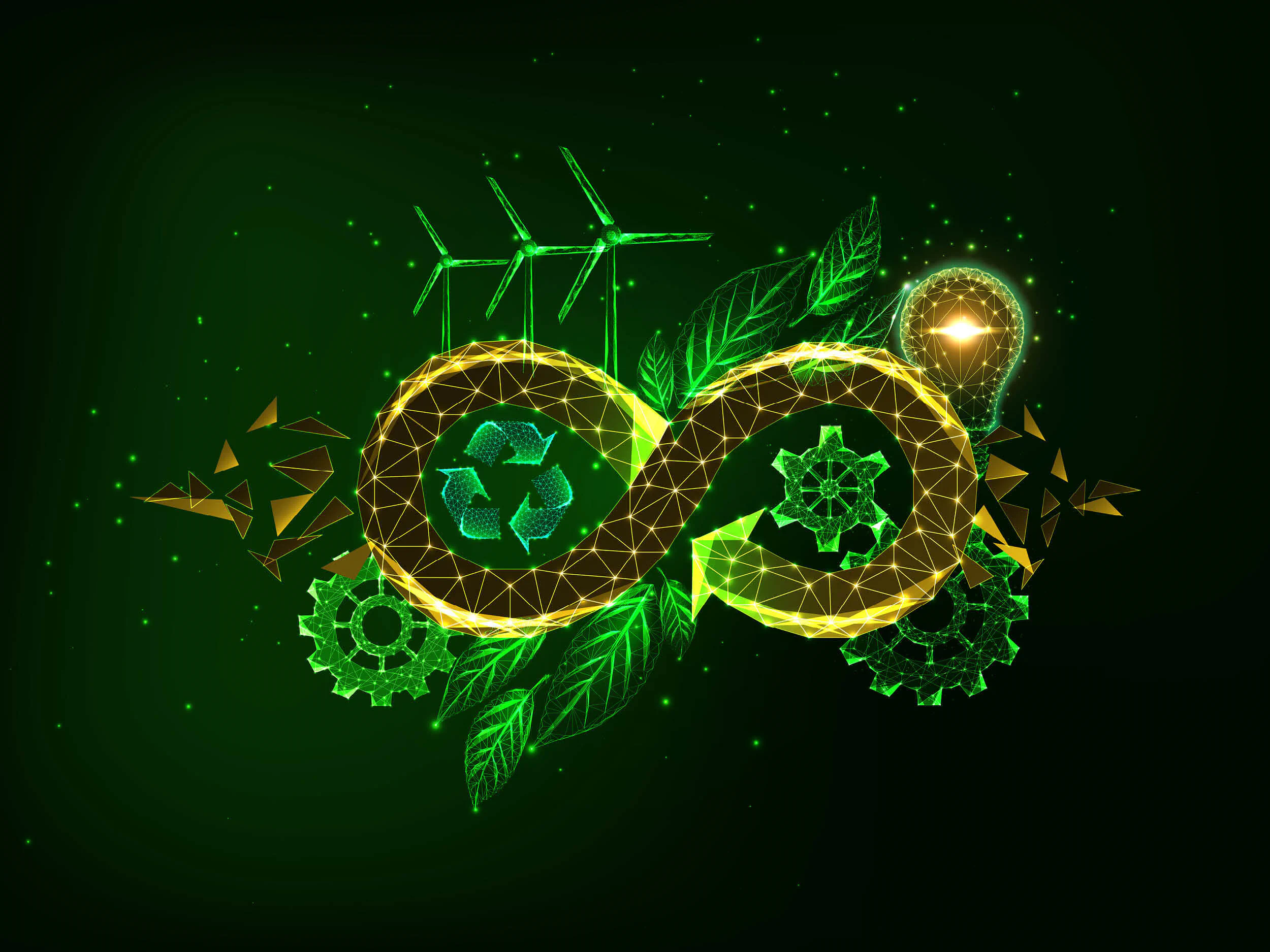 Werkstofftag Nachhaltiges Konzept mit grünem Unendlichkeitssymbol, Glühbirne, Recycling-Symbol und Windrädern.