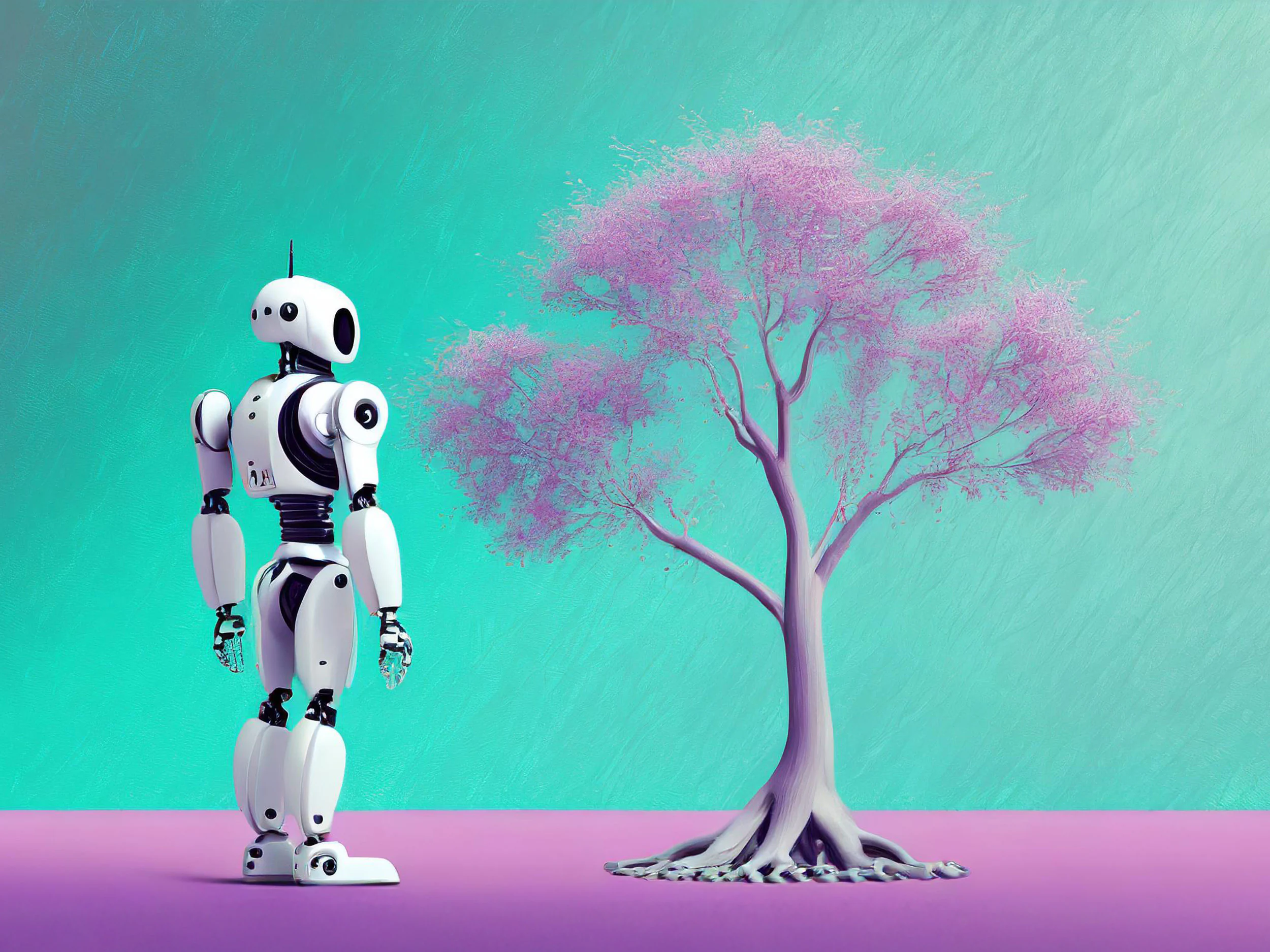 Roboter schaut einen pinken Baum an, Hintergrund ist türkis und der Boden pink